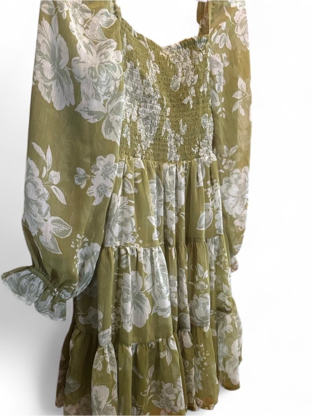 Patrons of Peace Green Floral Tiered Smocked Mini Dress Babydoll Small - Picture 9 of 9